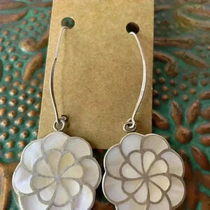 Mother of Pearl and Silver Flower Dangle Statement Earrings